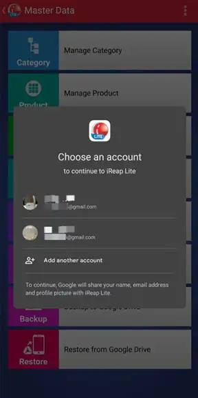 Select account to backup iREAP Lite data to google drive