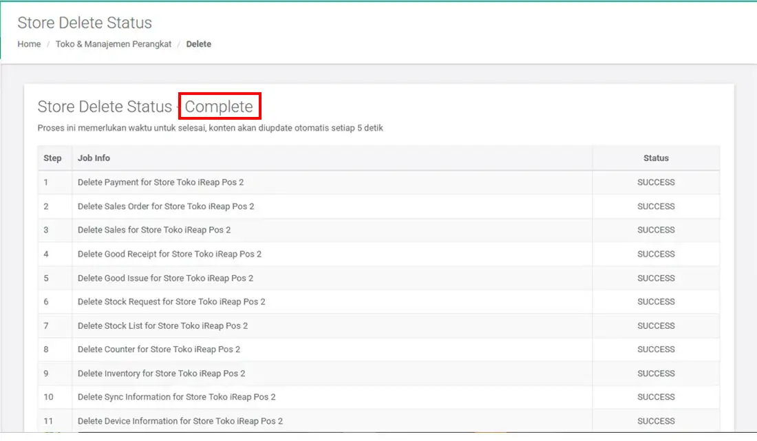 Status hapus toko iREAP POS PRO web admin