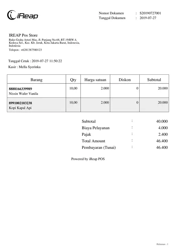 Struk service charge dan service tax ukuran a4