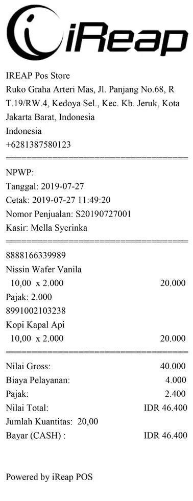 Struk service charge dan service tax