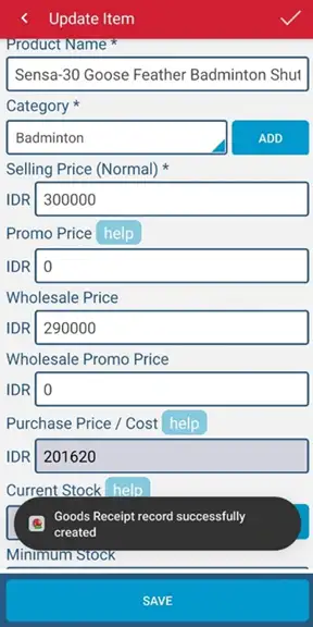 Successfully received goods in iREAP PRO Mobile