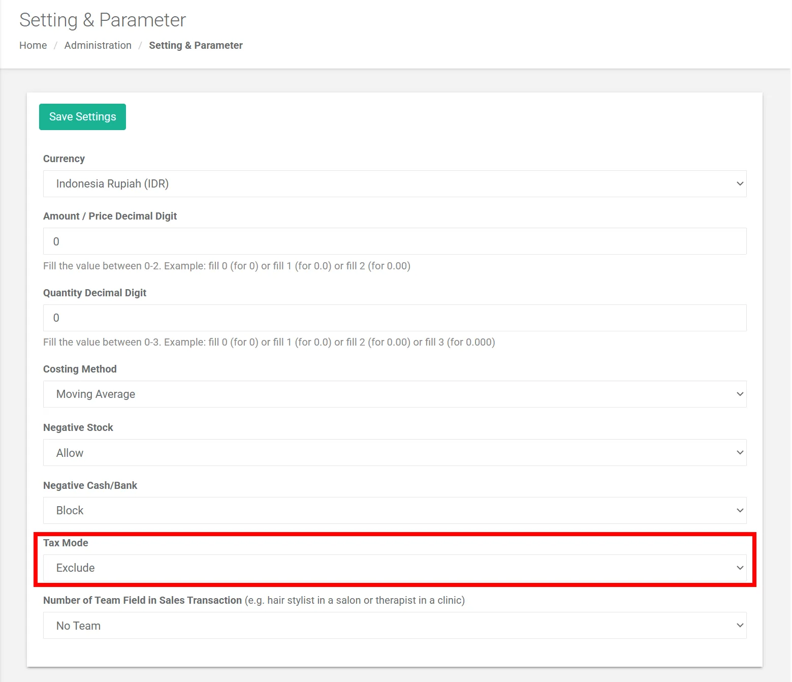 Include Tax and Exclude Tax mode settings in Settings and Parameters of iREAP POS Pro