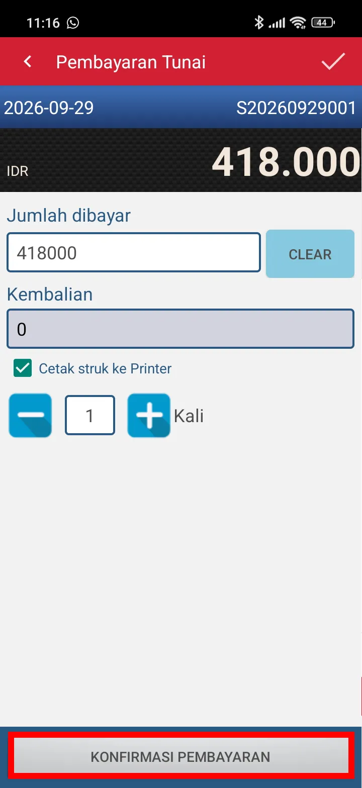 Pembayaran transaksi penjualan dengan pengaturan exclude di iREAP POS Pro