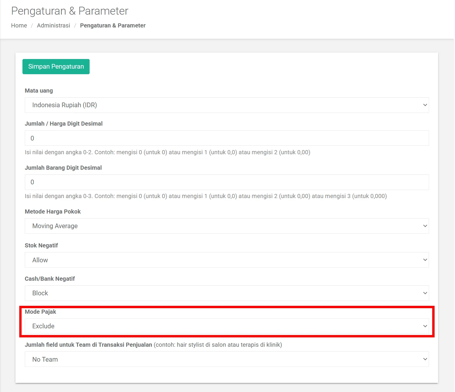 Pengaturan mode pajak include dan exclude di Setting dan Parameter iREAP POS Pro