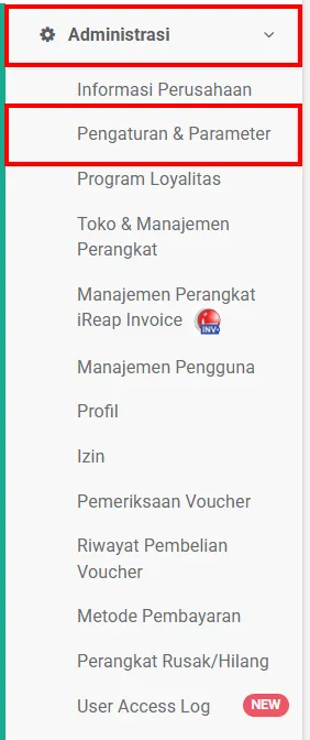 Menu Administrasi di web admin iREAP POS PRO