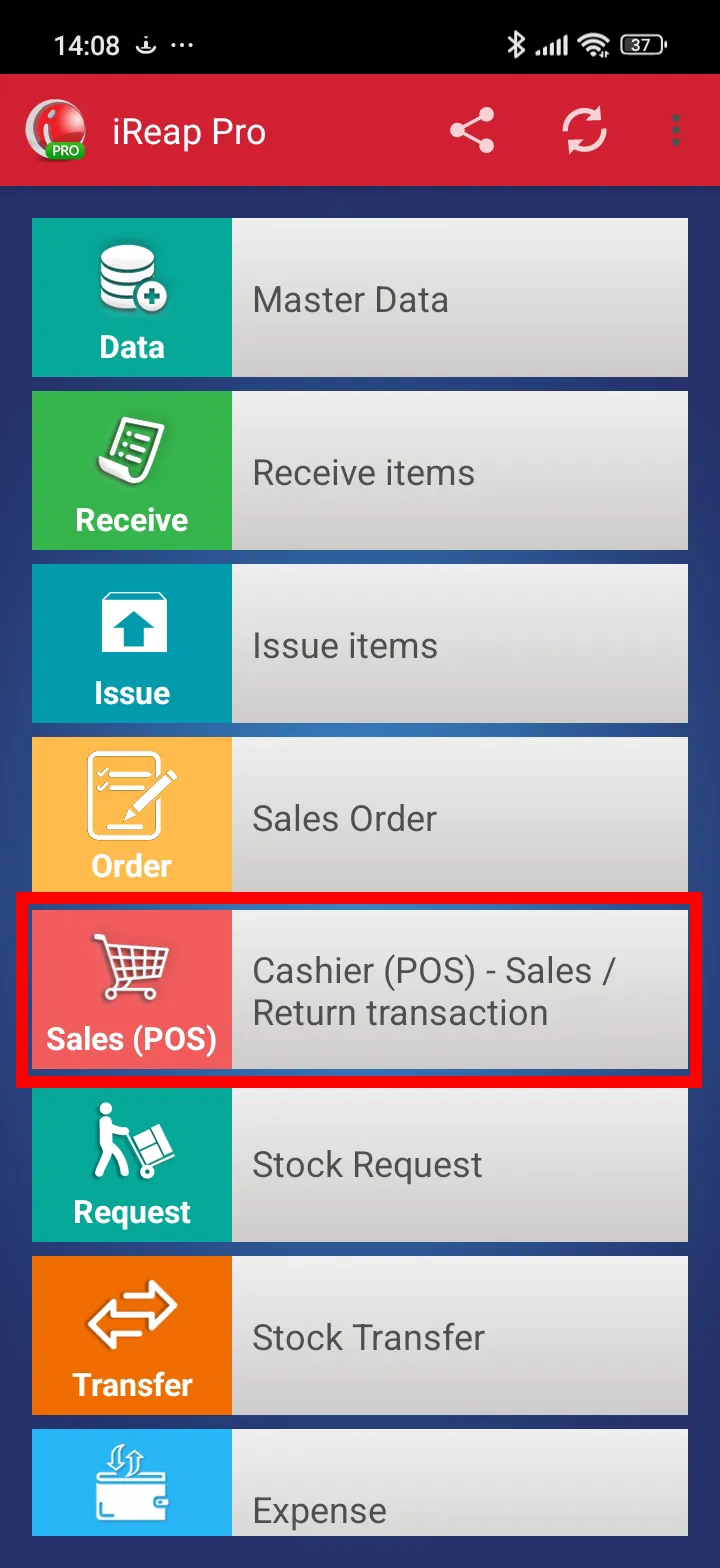 Open the sales transaction menu in the iREAP POS Pro cashier app