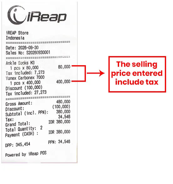 Sales receipt with the include setting in iREAP POS Pro