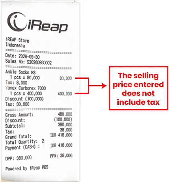 Sales receipt with the exclude setting in iREAP POS Pro