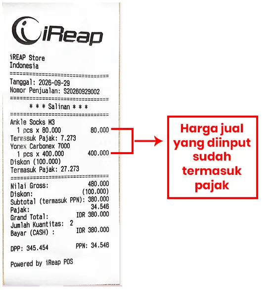 Tampilan struk penjualan dengan pengaturan include di iREAP POS Pro