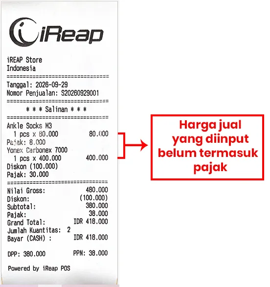 Tampilan struk penjualan dengan pengaturan exclude di iREAP POS Pro