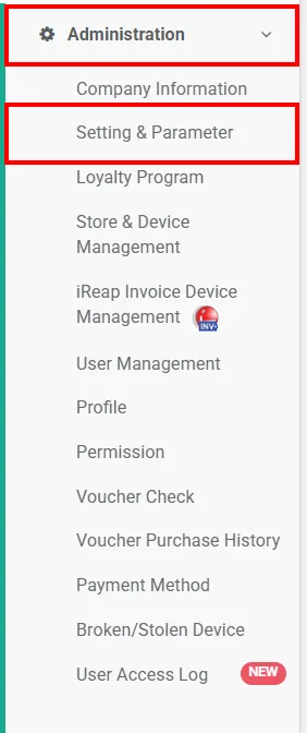 Administration menu in the iREAP POS PRO web admin