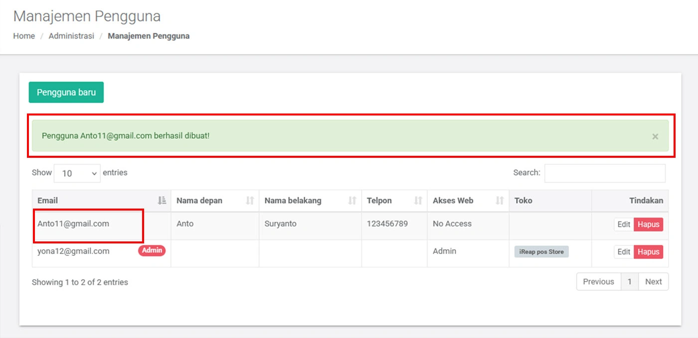 Berhasil buat pengguna akses iREAP Invoice