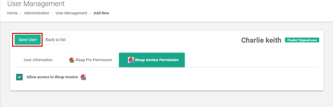 Save user - iREAP Invoice
