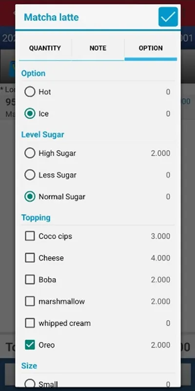 Choose item option product iREAP POS Pro mobile