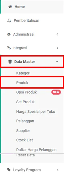 Menu produk di iREAP POS Pro via web admin