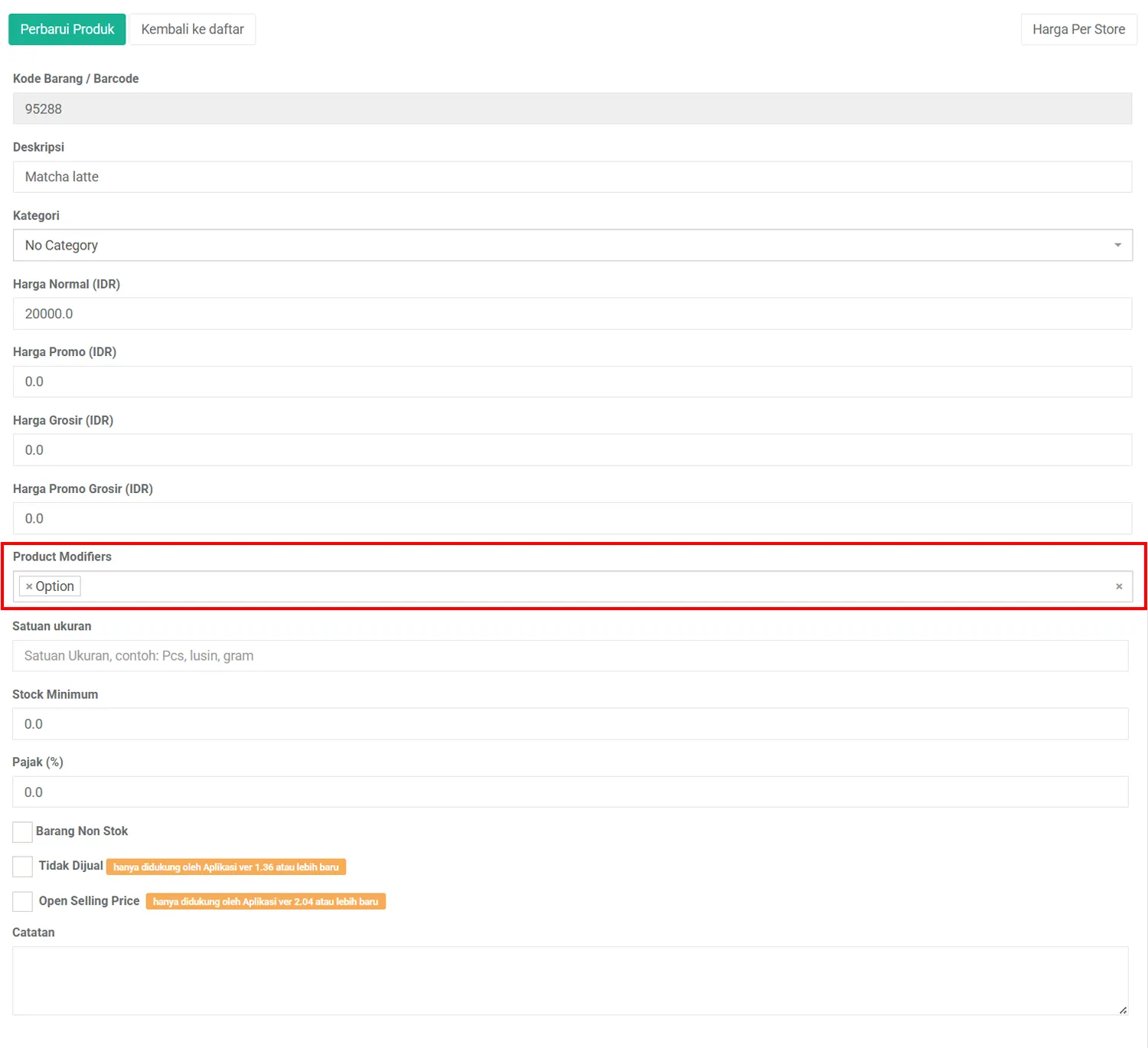 Produk Opsi di iREAP POS Pro via web admin