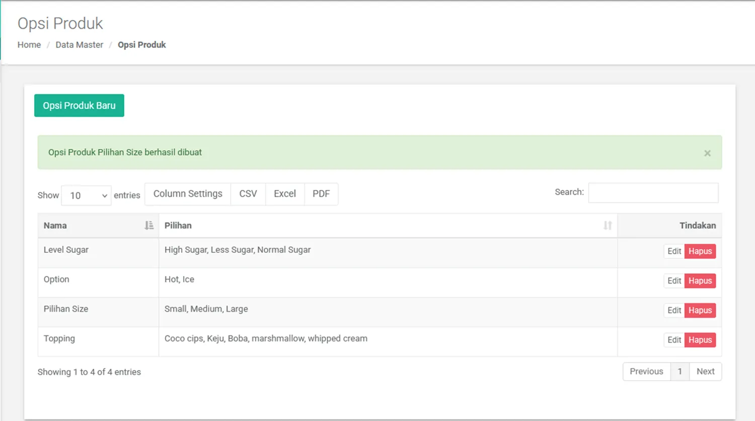 Opsi produk baru berhasil dibuat di iREAP POS Pro via web admin