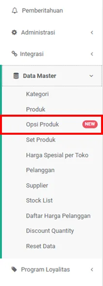 Opsi produk menu iREAP POS Pro via web admin