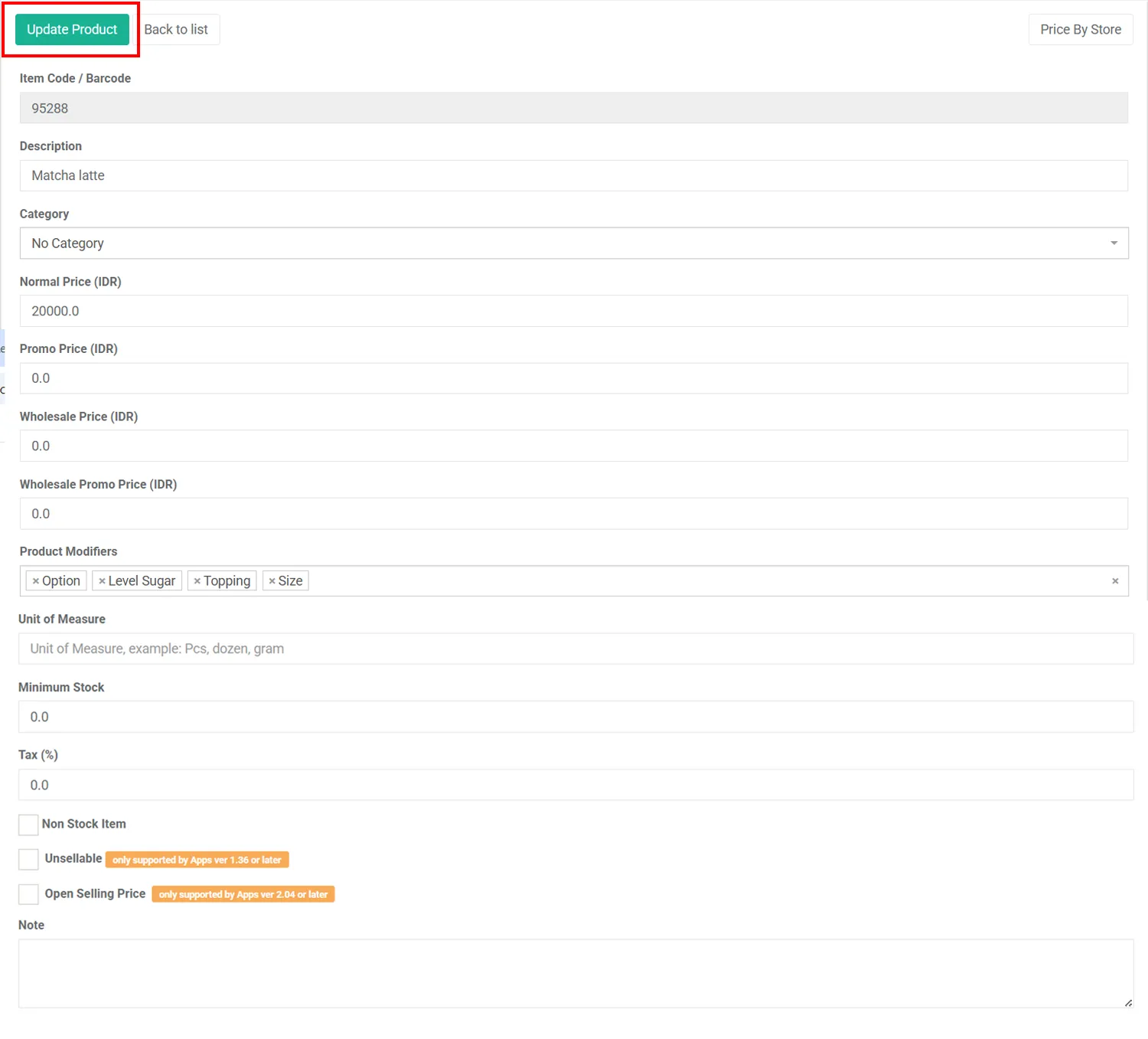 Update Product option iREAP POS Pro Web Admin