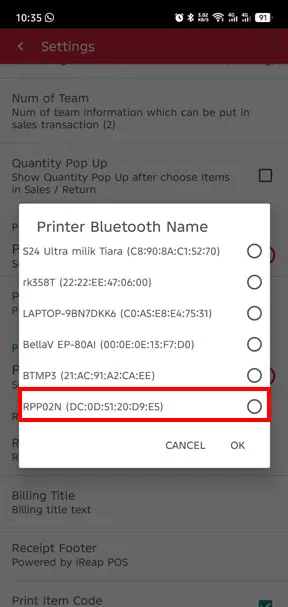 selecting the bluetooth printer