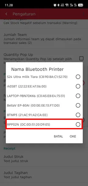 Pilih Nama Bluetooth Printer, lalu pilih printernya setelah dipilih tekan OK