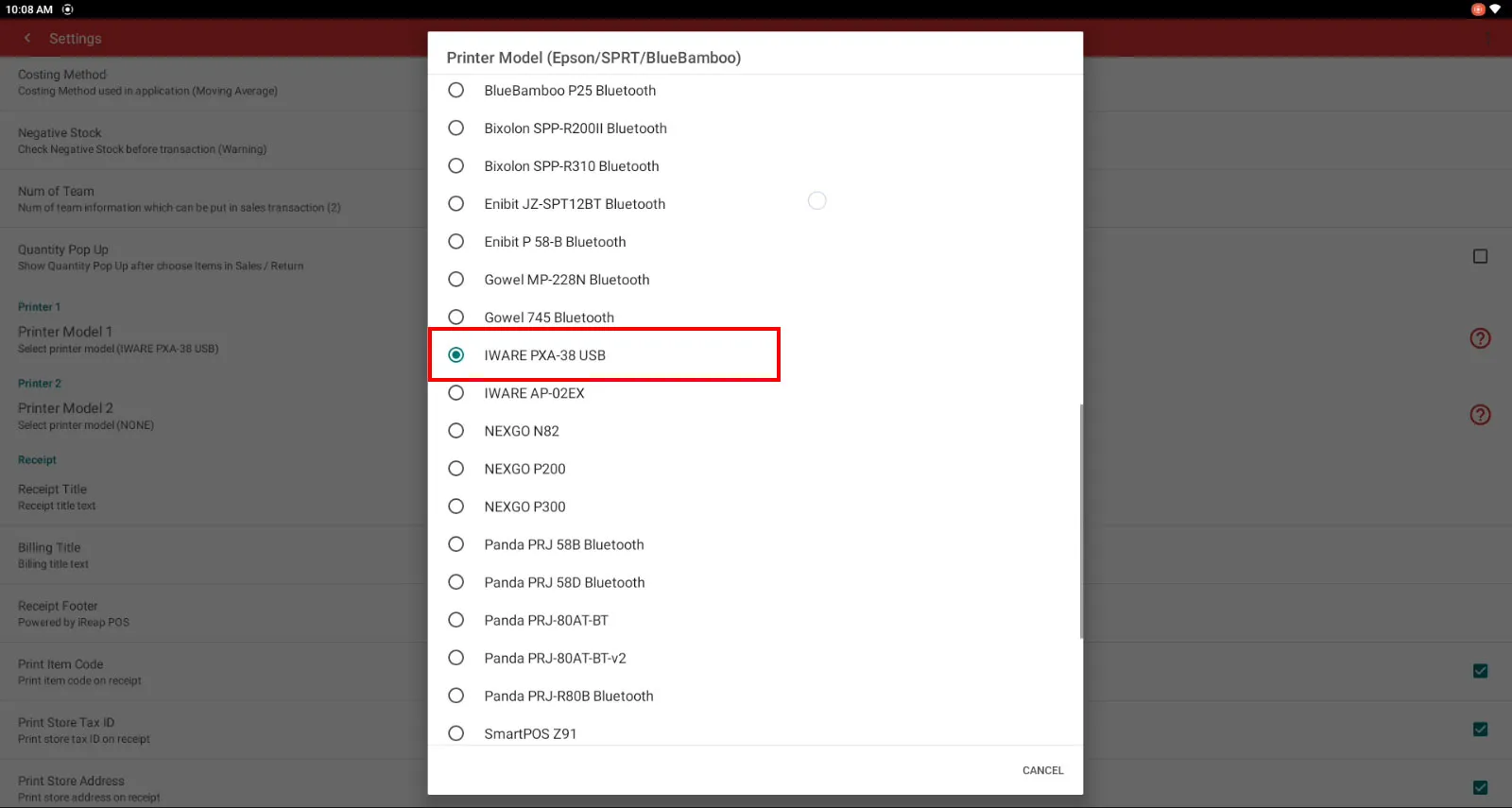Select the iWARE PXA-38 printer