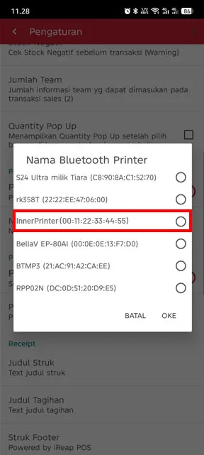 Tekan Nama Bluetooth Printer, lalu pilih printernya setelah dipilih tekan OK