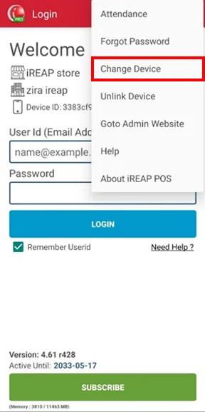 Tap the three-dot icon and select Change Device in the iREAP POS Pro application
