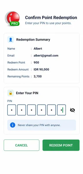 Confirming point redemption in the iREAP POS PRO Android cashier application
