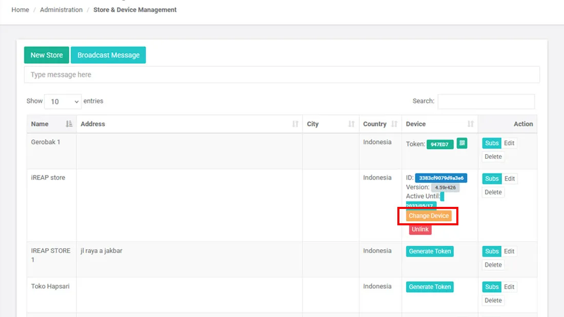 Change Device button on the Store & Device Management menu