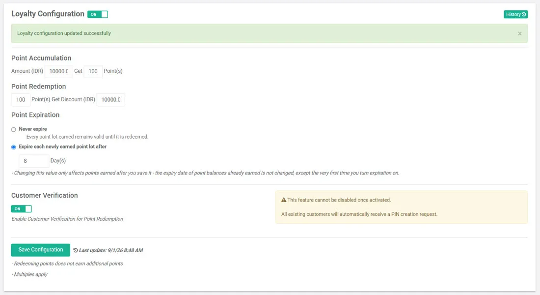 Successfully updated the loyalty program settings in the iREAP POS PRO cashier application via web admin