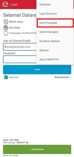 Klik titik tiga dan pilih Ganti Perangkat di aplikasi iREAP POS Pro