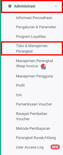 Menu Toko dan Manajemen Perangkat di Aplikasi Kasir Android iREAP POS Pro via web admin