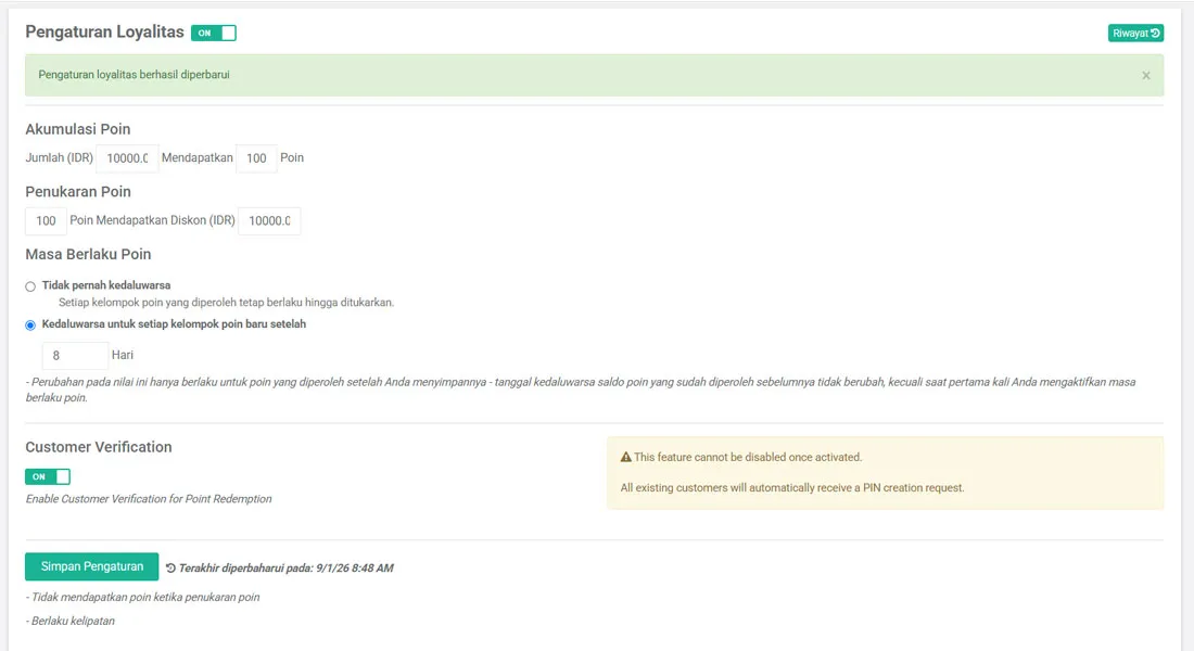 Berhasil update pengaturan program loyalitas di aplikasi kasir iREAP POS PRO via web admin