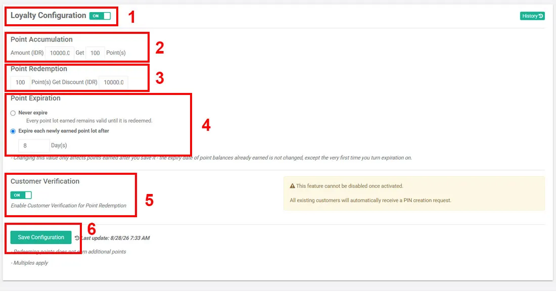 Loyalty program settings in the iREAP POS PRO cashier application via web admin