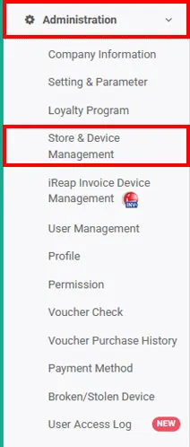 Store & Device Management menu in iREAP POS Pro Android cashier application via web admin