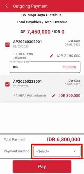 Choose payment method outgoing payment on iREAP Invoice