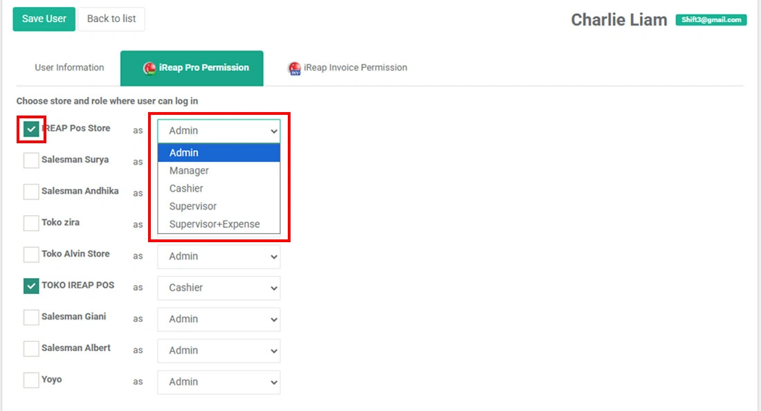 Choose role user on iREAP POS Pro