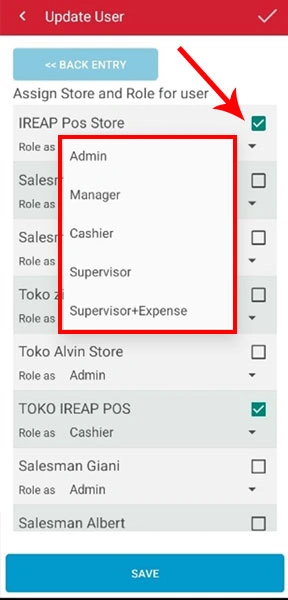 Choose role user iREAP POS Pro mobile