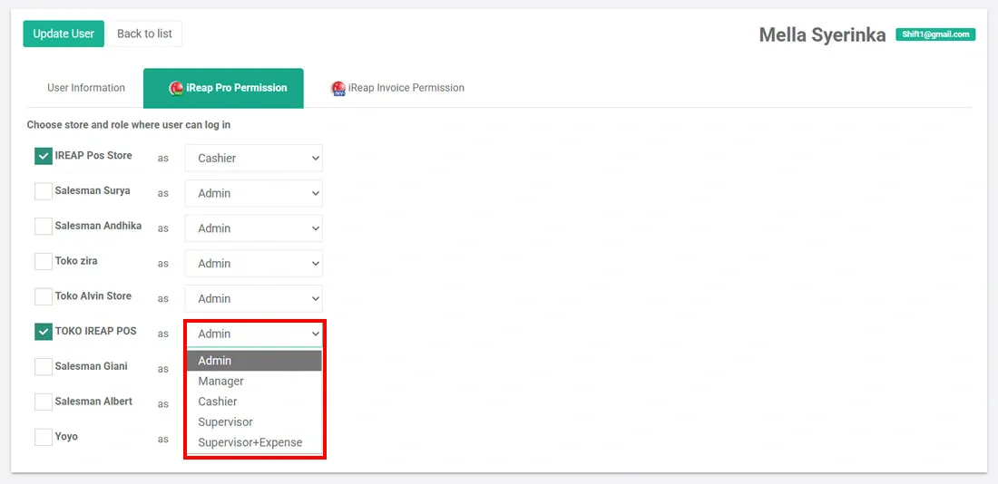 choose role user in ireap pro web admin