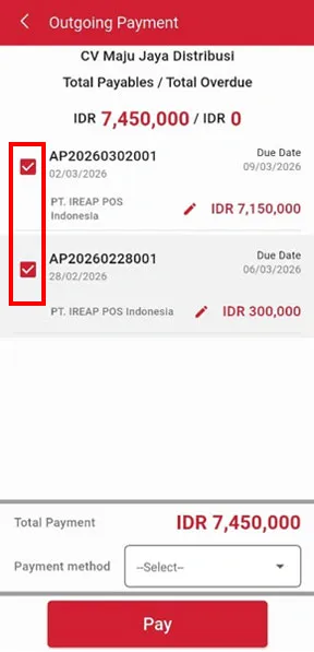 Choose the purchase invoice you want to pay on iREAP Invoice
