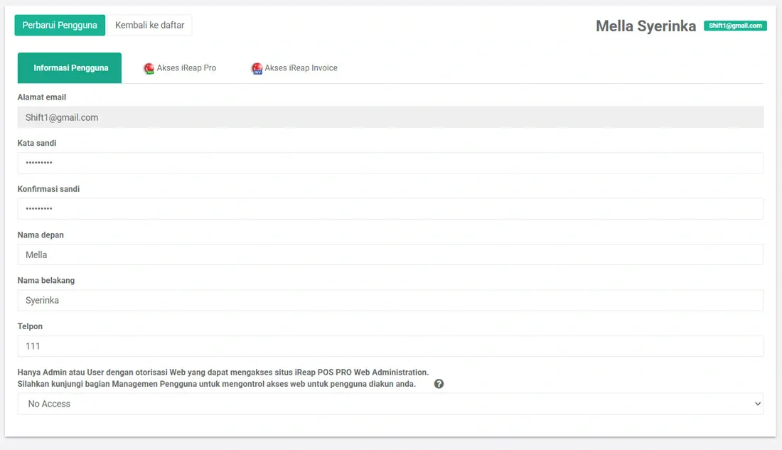 berikan hak akses pengguna di ireap pro web admin