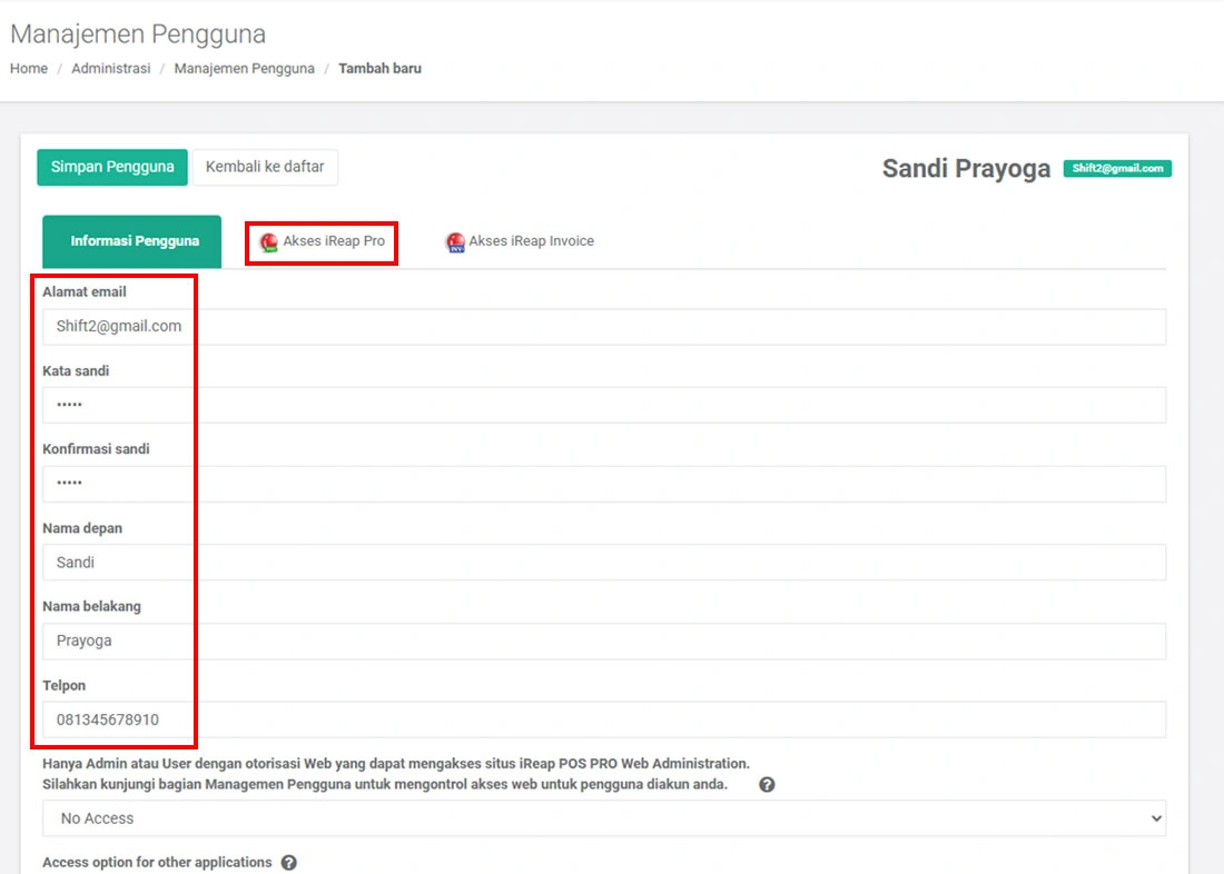 Informasi Pengguna Baru di iREAP POS Pro