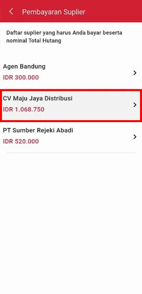 List sisa hutang supplier di iREAP Invoice
