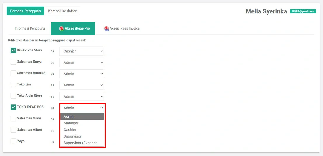 menentukan hak akses level user di ireap pro web admin