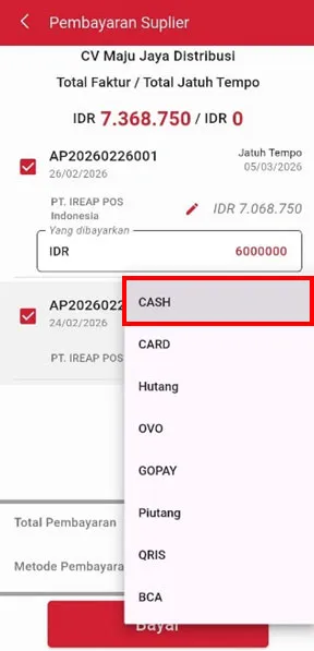 Memilih metode pembayaran pembayaran supplier di iREAP Invoice