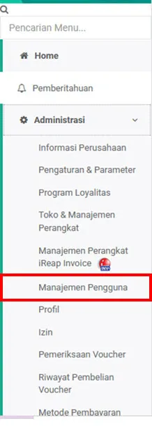 menu manajemen pengguna di ireap pro