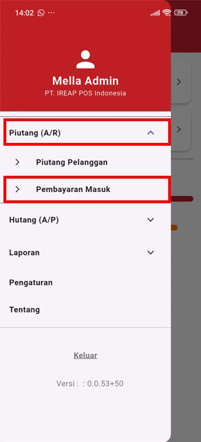 Menu pembayaran masuk di aplikasi iREAP Invoice