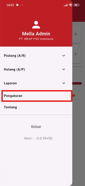 Menu pengaturan aplikasi iREAP Invoice