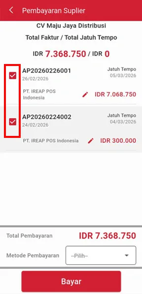Pilih faktur pembelian yang akan dibayar di iREAP Invoice
